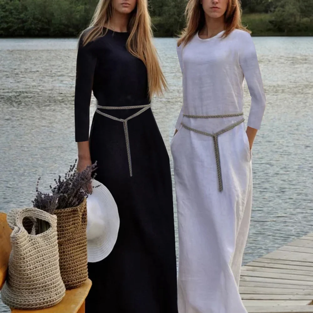 

Новинка 2022, женское осеннее однотонное свободное платье из хлопка и льна с длинным рукавом, женское модное и элегантное платье