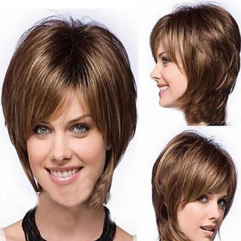 Фото HAIRJOY, женский парик с прямыми челками, стрижка Пикси, искусственные волосы, каштановые, смешанные, Короткие парики, машинное изготовление №2