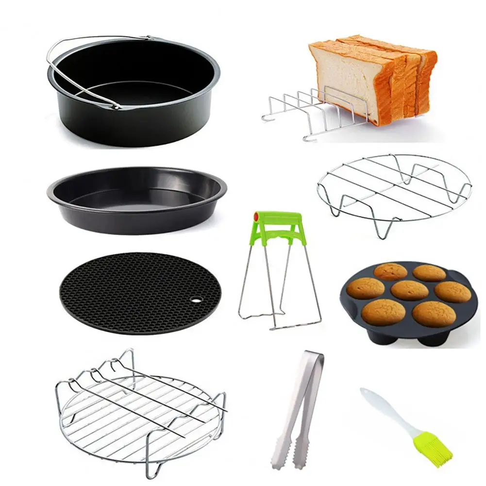 

10Pcs/Set Fryer Pot Accessories Rust-proof Non-Stick Carbon Steel Bread Basket Grilling Rack with Pizza Pan Brush Kitchen Tools
