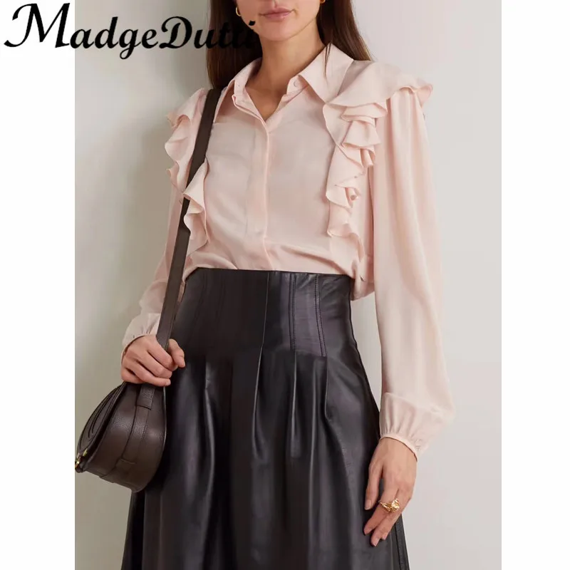 

2.13 MadgeDutti Fashion Versatile Lapel Ruffle Design Lantern Sleeve Silk Shirt Women