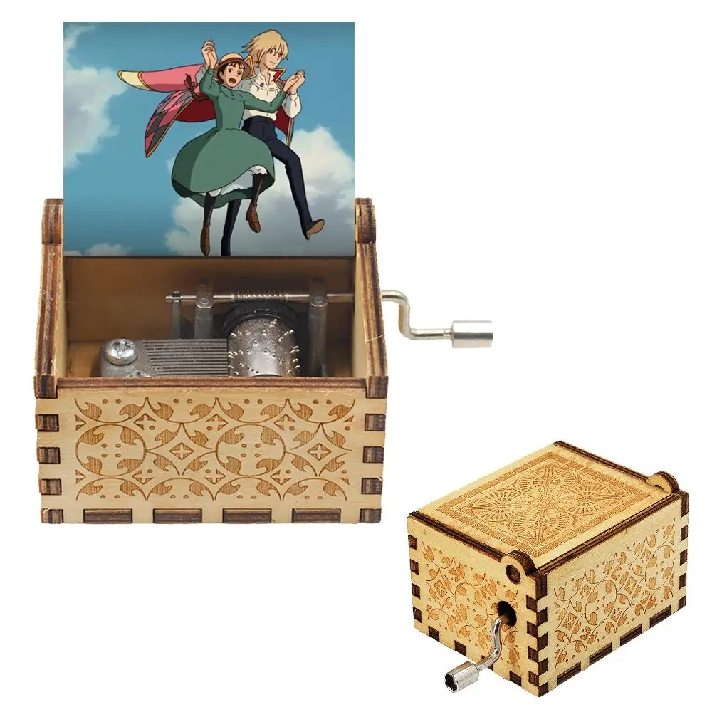 Howl's Moving Castle Totoro Engraved Wood Musical Box Hand Cranked Gift Box For Christmas Birthday New Year Gift