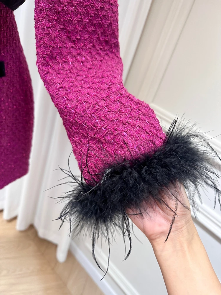 DEAT Твидовые комплекты из двух предметов для женщин манжеты с перьями бархатное