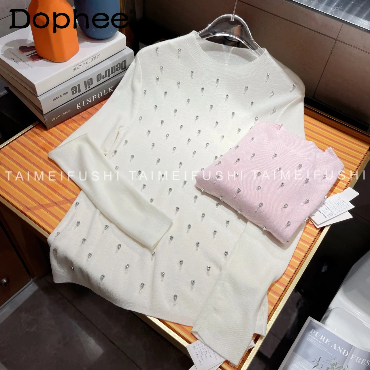 

2023 Fall Winter Base Shirt Women Heavy Embroidery Hot Drilling Long Sleeve Knitted Sweater Women's Sweet Pink Sweater Pullover