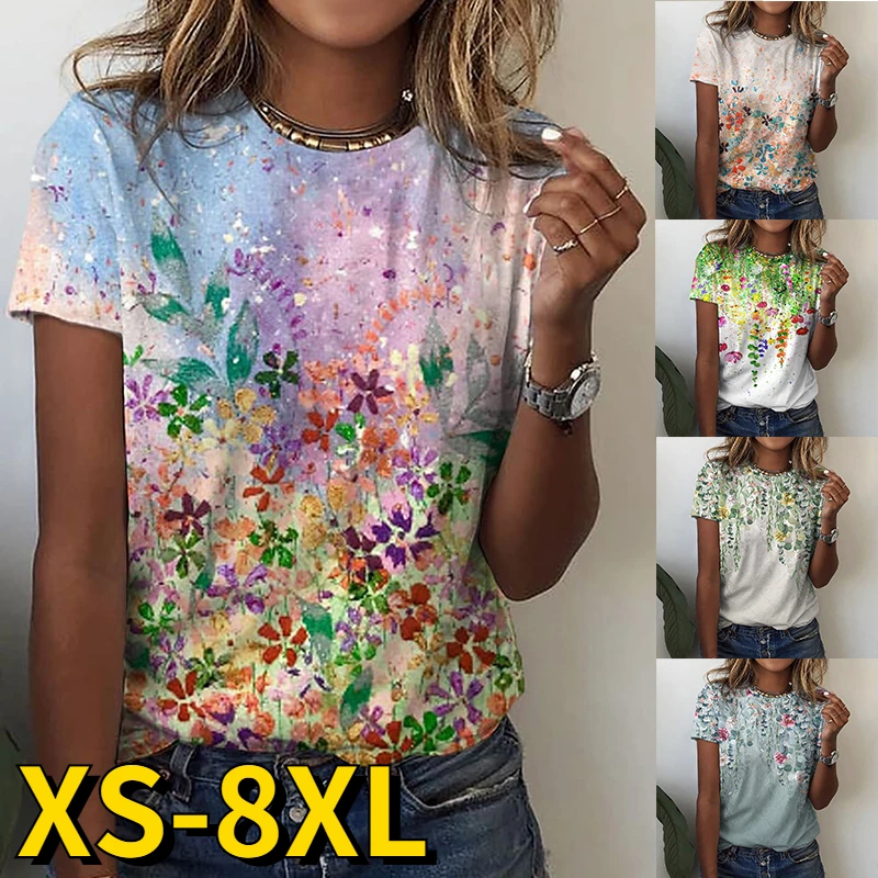 

Round Neck Women T-shirt Concise Style New Short-sleeved Fashion Flower Pattern Top Ladies Vintage Prints Pullover Casual Tee