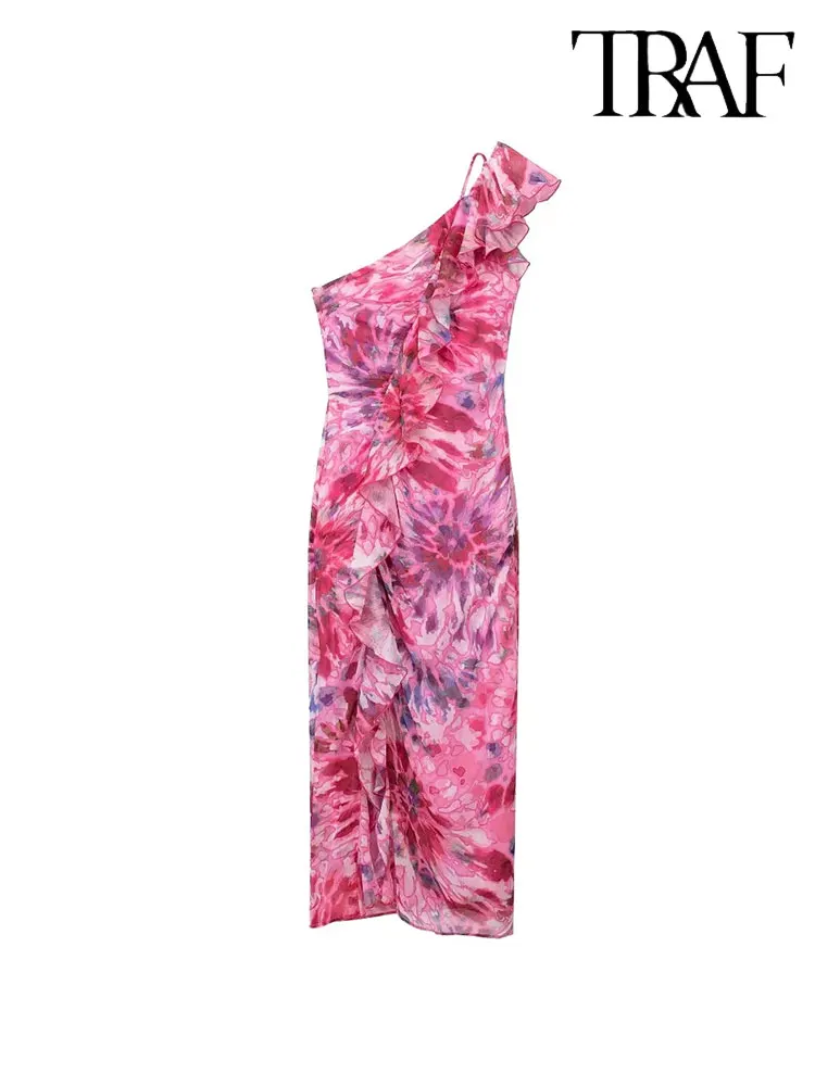 

TRAF 2023 Summer Ruffle Print Long Dress Women Elegant Midi Dresses Woman Off Shoulder Dress Backless Women's Party Dresses
