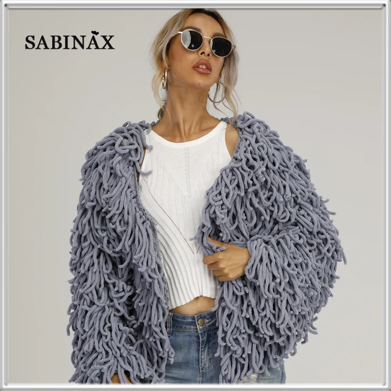 

Осенне-зимние пальто SABINAX, женский свитер из искусственной шерсти и плюша с кисточками, вязаный Топ, однотонный кардиган, свободная куртка, женская одежда