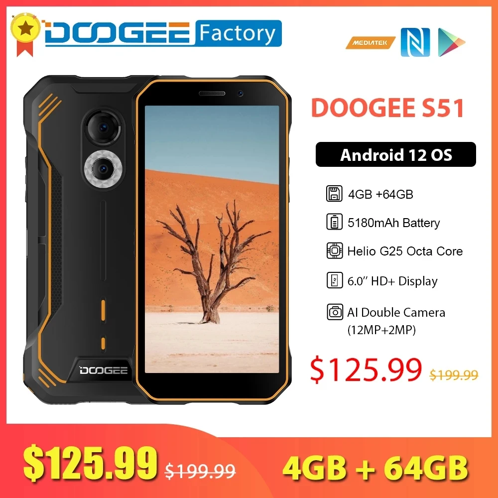 New DOOGEE S51 4GB 64GB Smartphone 5180mAh Battery 12MP Camera Mobile Phone 6.0 Inch Display Android 12 NFC Cellphones