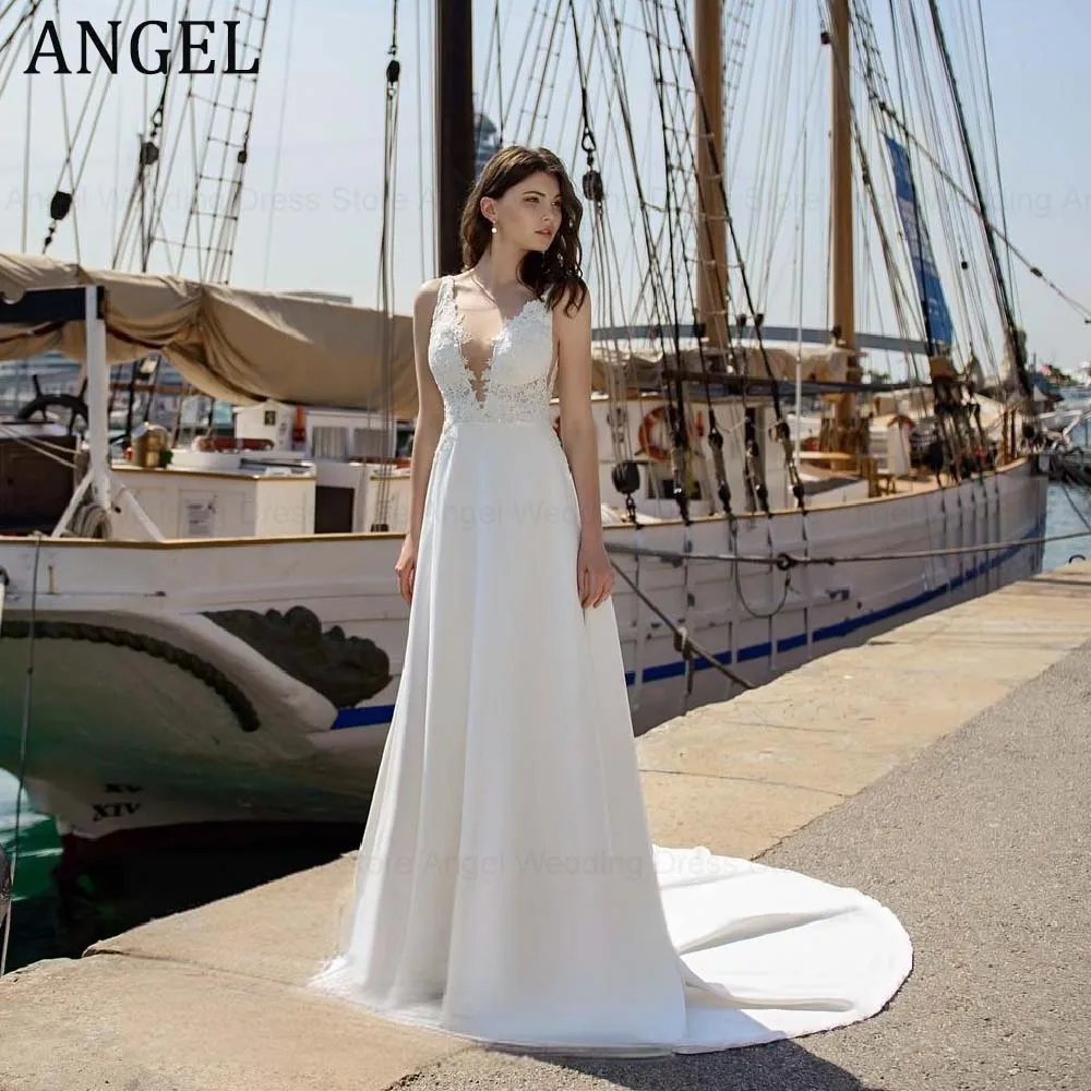 Фото ANGEL индивидуальное стильное свадебное платье трапециевидной формы для невесты со шлейфом без рукавов и аппликацией на молнии, свадебные платья Vestidos De Novia №1