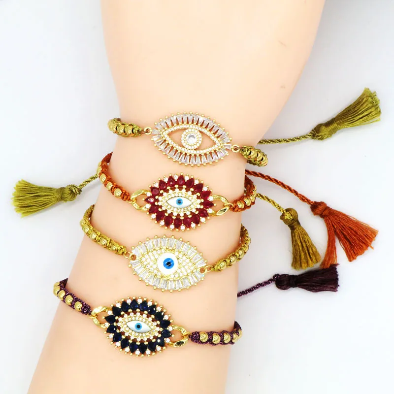 

Vlen Luxury CZ Evil Eye Bracelet Jewelry for Women Gift Handmade Braided Pulseras Adjustable Rope Tassel Bracelets