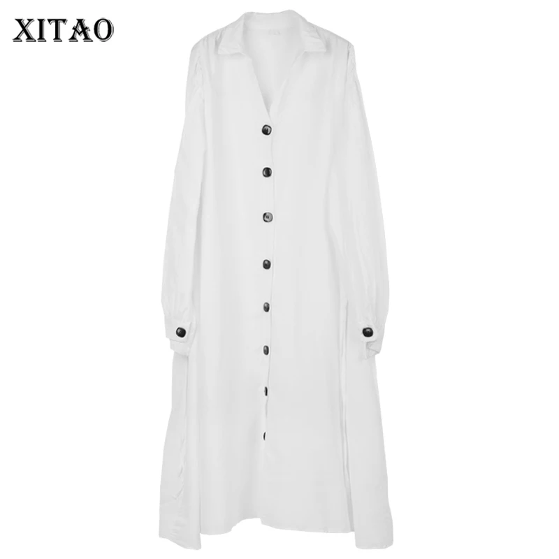 

XITAO платья-рубашки, модные повседневные однобортные однотонные платья с отложным воротником, простые женские платья, Новое поступление WS2120