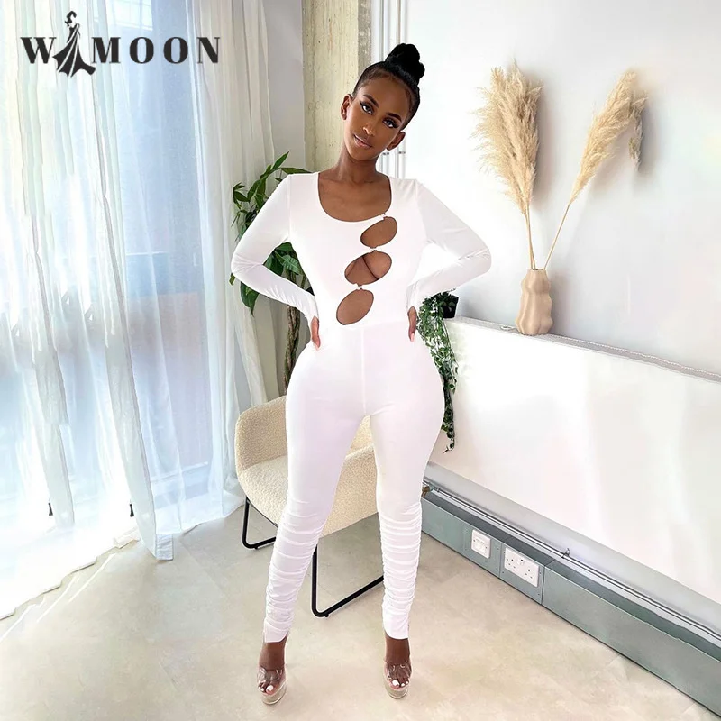 

Ажурные сексуальные комбинезоны, комбинезоны с круглым вырезом и длинным рукавом, Клубные вечерние облегающие комбинезоны, однотонные обл...