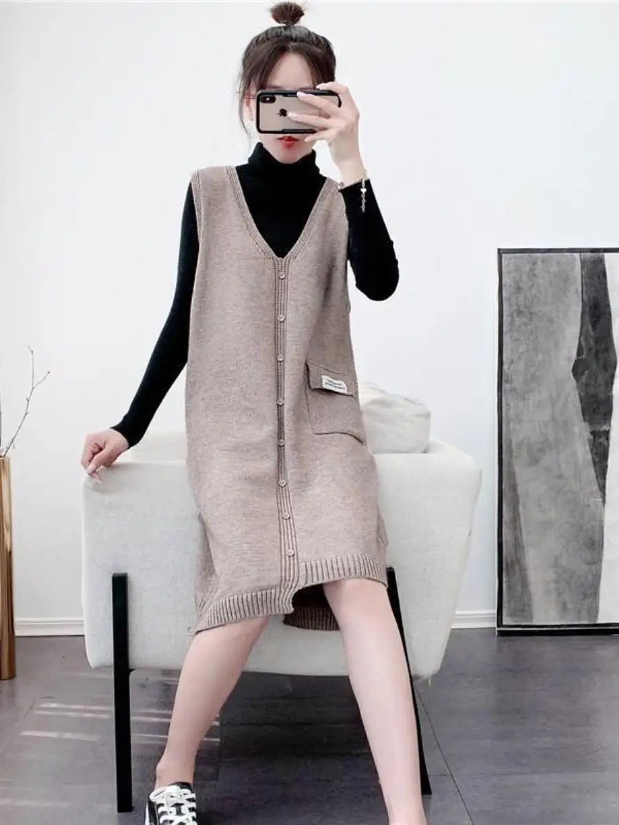 2024 Autumn and Winter New Korean Sle Knitted dress Vest Skirts Sweater Women's Casual Belly Covering Women