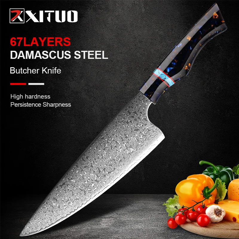 

XITUO Damascus Steel Chef's Knife 67 Layer Japanese Butcher's Knife 8"inch Black Resin Kitchen Meat Fish Slicing Cleaver Tool