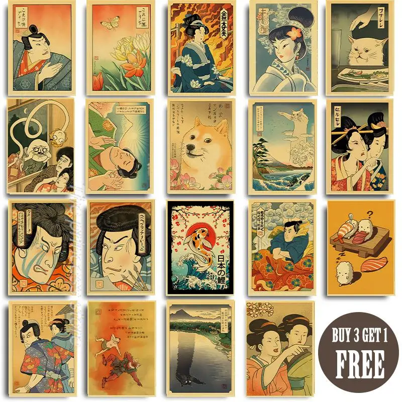 

Vintage Japanese Geisha Posters Funny Japanese Style Women Yelling At Cat Kraft Painting Wall Art Decor Livingroom Retro Room