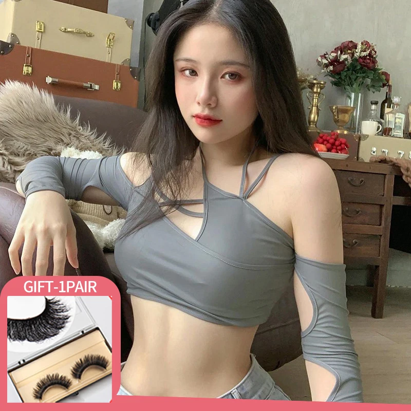 

Goth Dark Y2k Punk Women Halter Tops Gothic Patchwork Long Sleeve Bandage Crop Top Summer Sexy Cut Out Casual Short T-shirts