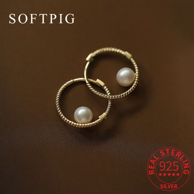 

SOFTPIG Real 925 Sterling Silver 14K Gold Round Pearl Hoop Earrings For Women Party Trendy Fine Jewelry Minimalist Accessories