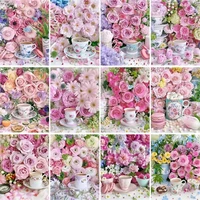 gatyztory diy painting by numbers kits 60x75cm frame acrylic paint by numbers for adults pink rose flower modern wall home decor