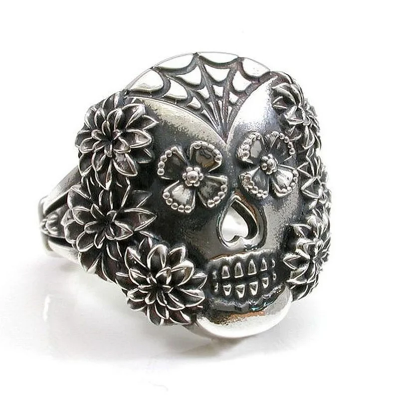 

Hot Sale Vintage Punk Style Ancient Silver Color Flower Skull Skeleton Male Ring for Men Party Jewelry Accessories