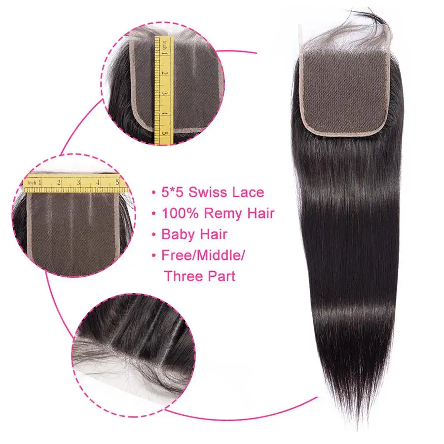 5x5 HD Lace Closures 16 Inch Straight Transparent 5*5 Lace Closure Natural Color Remy Braziian Human Hair 150% Density Kisshair