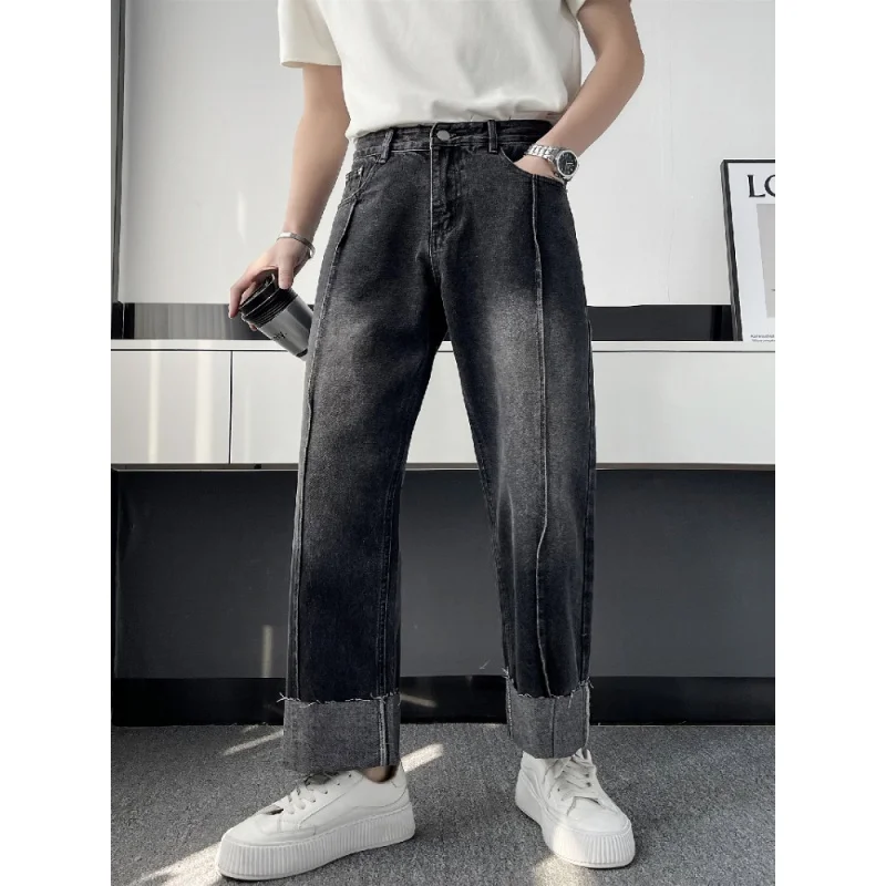 EOENKKY/large flanging Men's Jeans Pants Casual Vintage Baggy Clothing Straight Leg Trousers Korean Fashion Man Oversize Pants