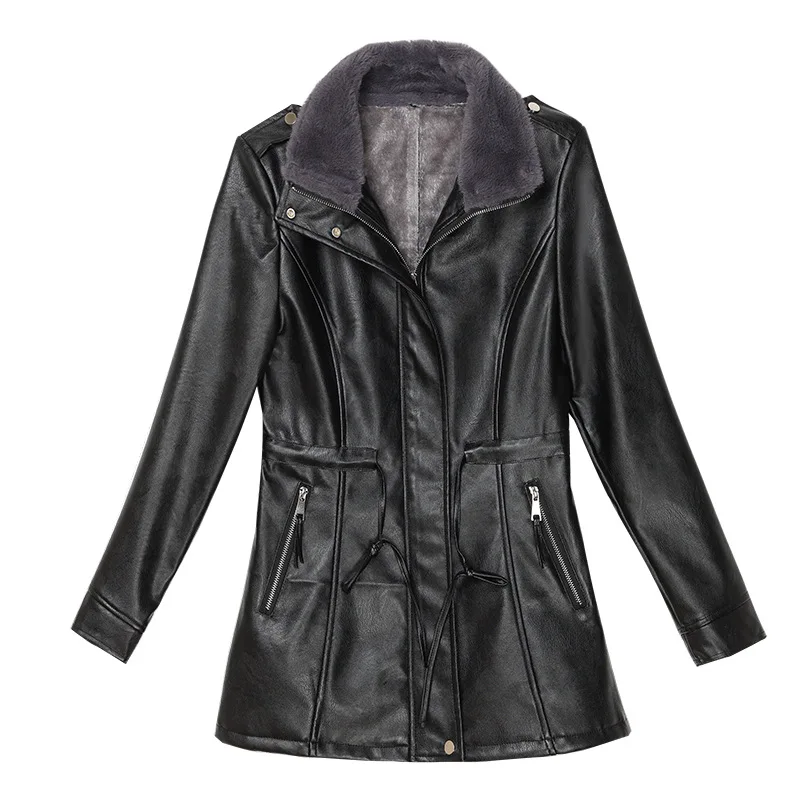 PU Leather Clothing Slim Fit Slimming Berber Fleece Coat Mid-Length Casual Women's Clothing