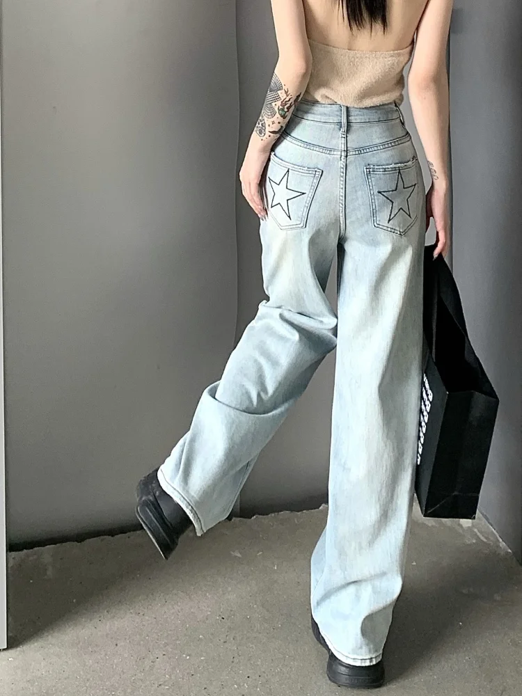 HOUZHOU Women Jeans Vintage Gyaru Star Girl Y2k Baggy Denim Trousers Korean Streetwear Acubi Fashion Casual Blue Wide Leg Jeans