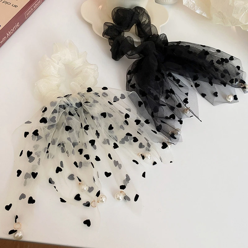 

Net Yarn Polka Dot Ribbon Scrunchie Pearls Tassel Bow Ribbon Hair Rope Women Mesh Elastic Ponytail Holder tiara Accessories