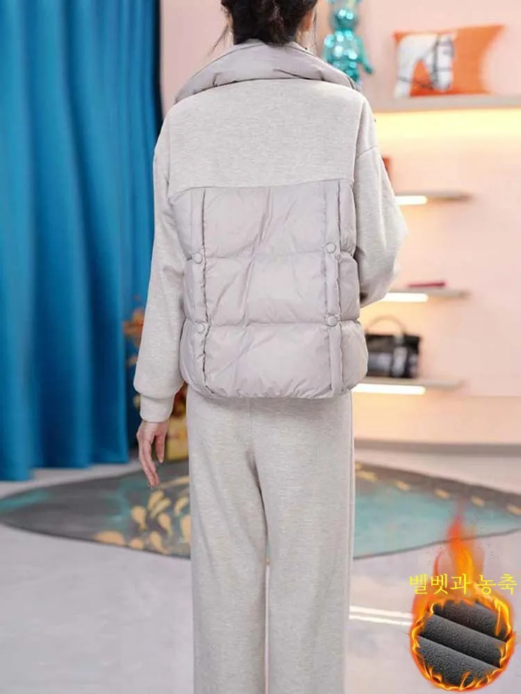 Fashion Set Women Autumn and Winter Clothing New Patchwork Cotton-Padded Clothes Thickened Outerwear Fleece-lined Stra...