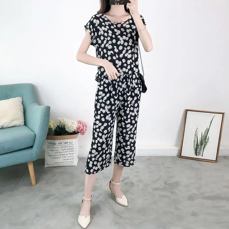 

Women 2022 Summer Calf-Length Pants Loose Tops Two Pieces Casual Sets Female Soft Cotton Print Floral Vintage Set Suits N101