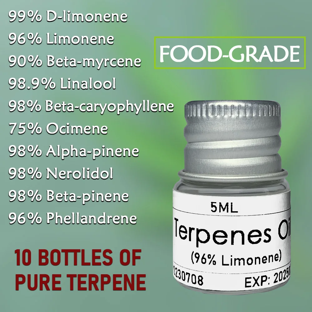 

Горячая Распродажа, обычно 10 видов Натуральных Пищевых терпенов, масляная эссенция для пробного теста, включая лимонин, мирцен и пинен и другие