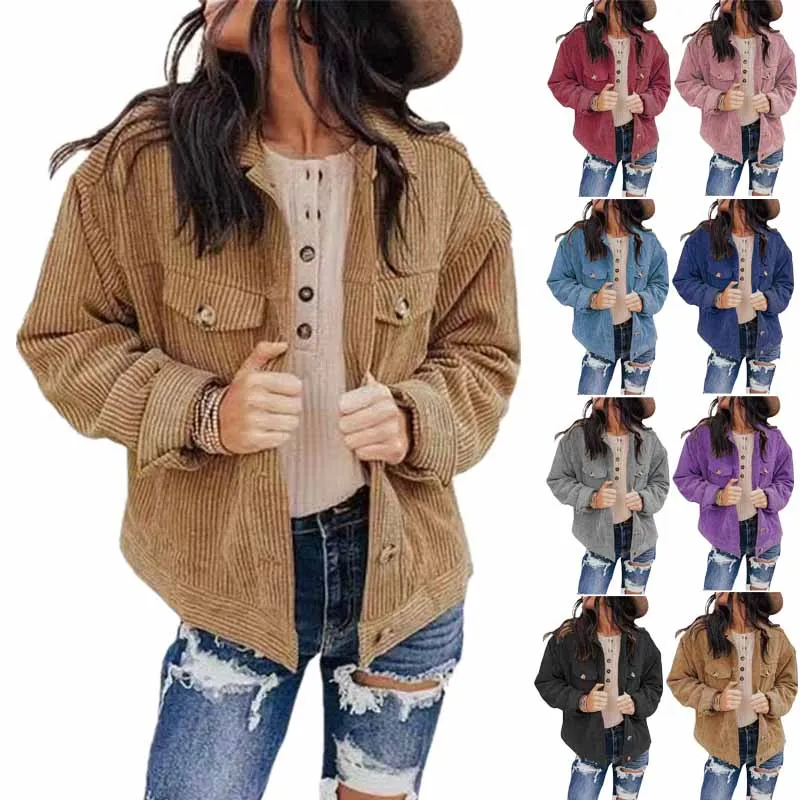 Women's Solid Color Jacket Top Cardigan Loose Corduroy Jacket Winter Stylish Pockets Lapel Casual Tops