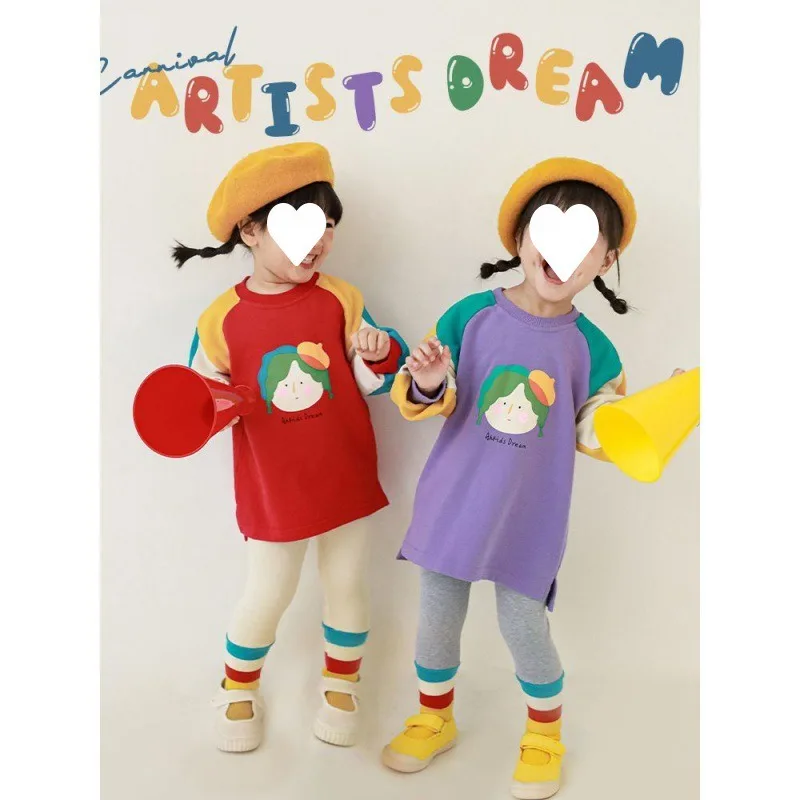 

Милая длинная рубашка с мультяшным принтом для девочек, тонкие худи и леггинсы для малышей, корейский школьный комплект для детей, топы и штаны, детская одежда