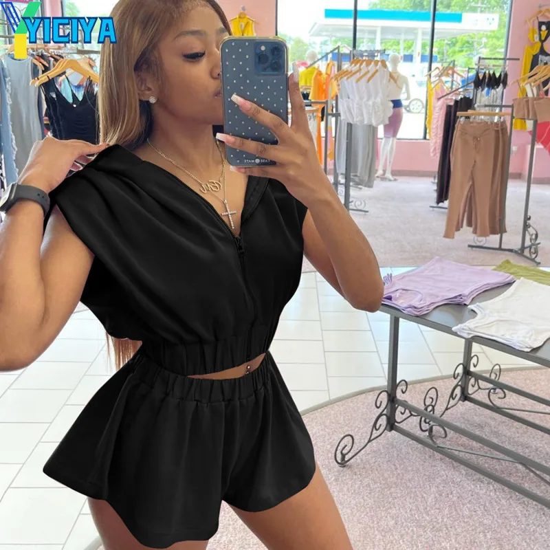 

YICIYA Solid Suit Shorts with Hoodie for Women and Top Loose Oversize Summer Fashion Two Piece Set Women Tracksuit Casual Loose