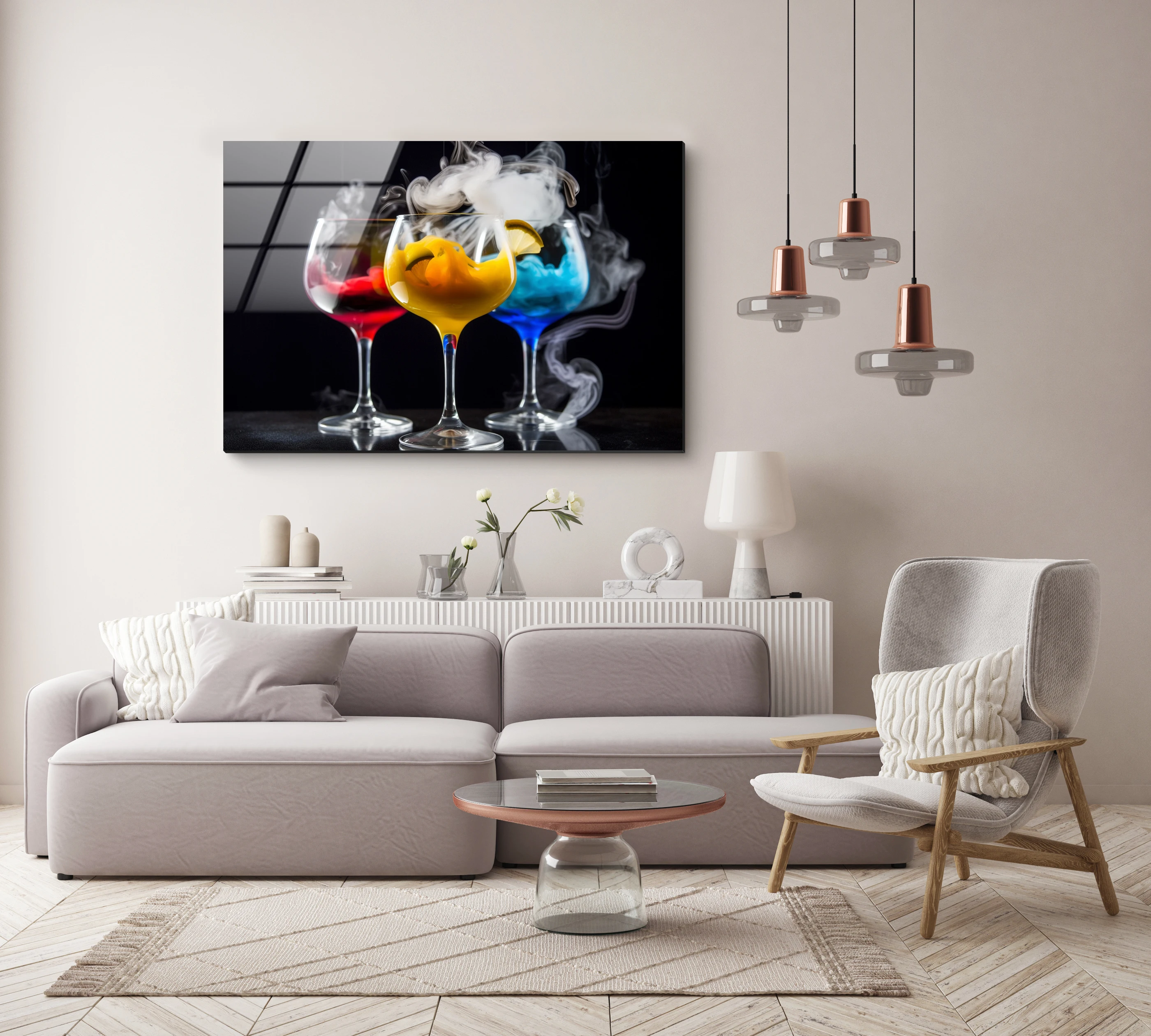 

90*60CM Modern Minimalist Large Frameless Tempered Glass Art Living Room Sofa Backrest Wall Wine Glass Decoration Painting