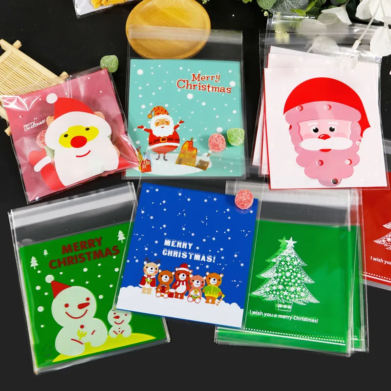 

100pcs Merry Christmas Self Adhesive Plastic Seal Bag Cookies Candy Bags Santa Claus Snowman Plastic Gift Bags 10x10+3cm