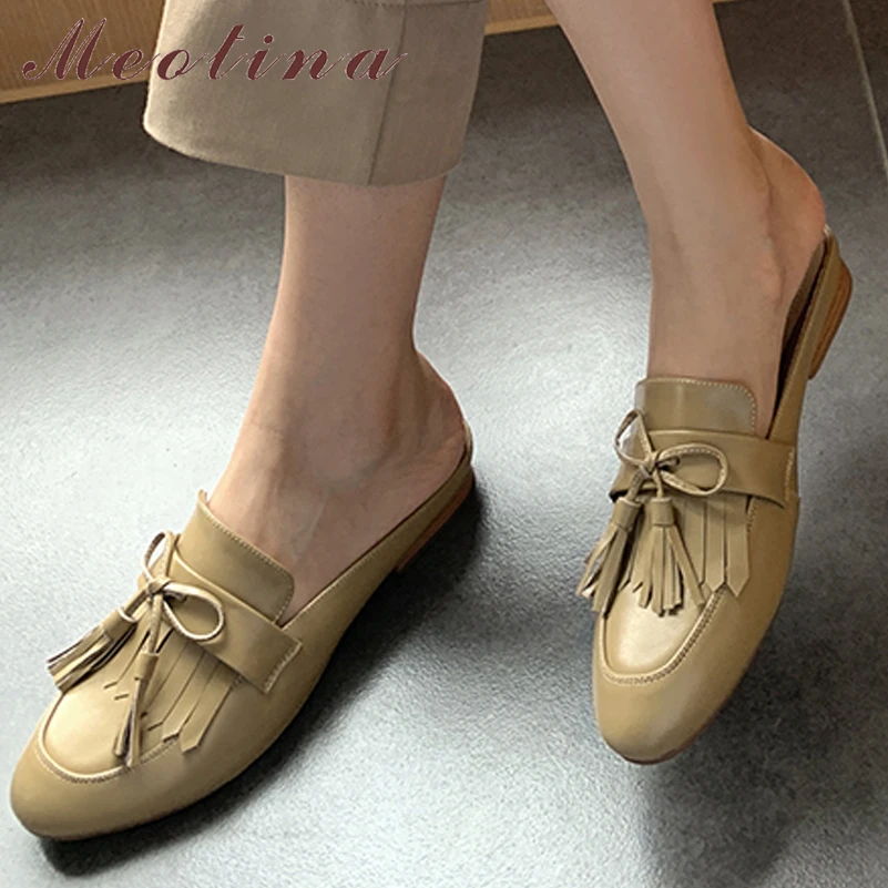 

Meotina Women Mules Shoes Genuine Leather Flat Shoes Round Toe Fringe Bow Ladies Footwear 2022 Spring Beige Apricot Cow Leather