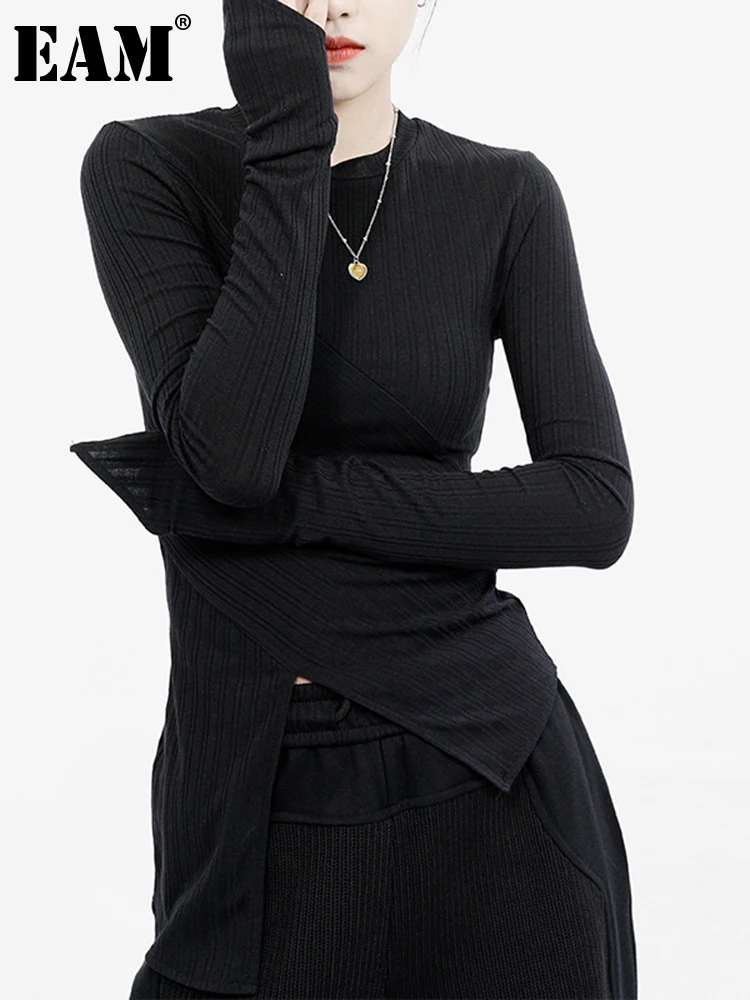 

[EAM] Women Black Irreuglar Hem Slit Slim Casual T-shirt New Round Neck Long Sleeve Fashion Tide Spring Autumn 2022 1DE6886