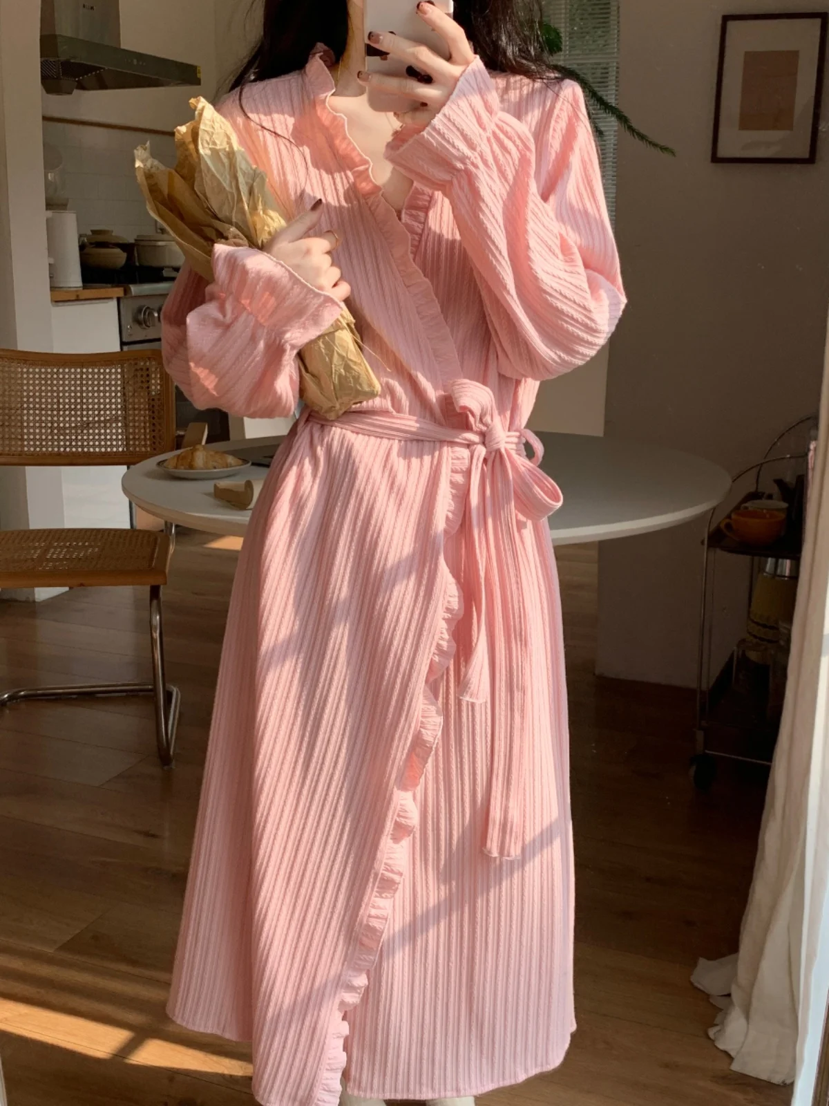 Nightgown Women Autumn and Winter Pure Cotton Sweet Lace-up Bathrobe Long Spring Summer Thin Morning Gowns Homew...