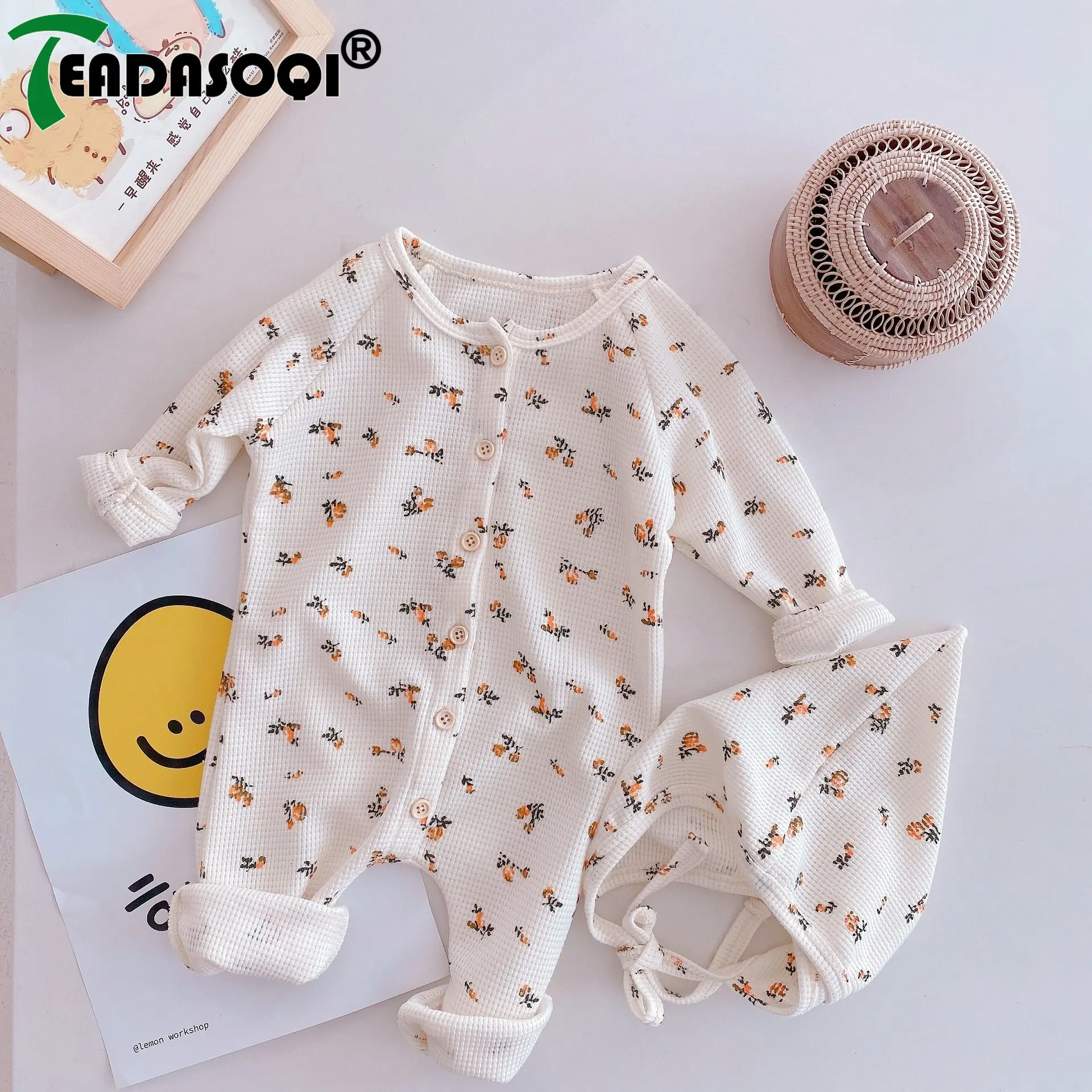 

Infant Homewear Kids Romper+hat 0-24M Autumn New In Newborn Baby Boys Girls Full Sleeve Floral Single-breasted One-piece