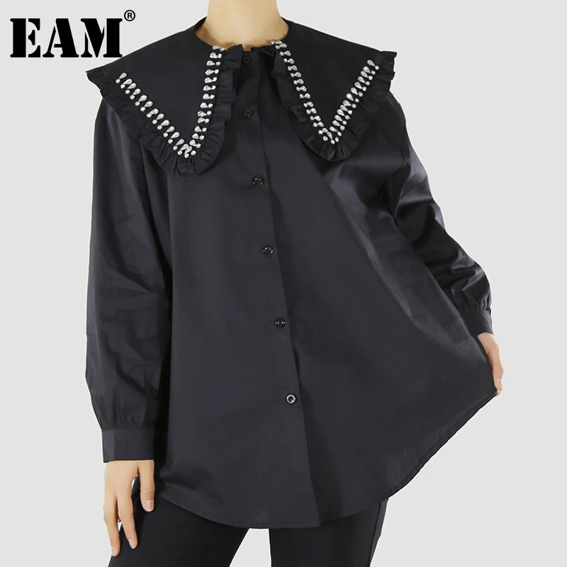 

[EAM] Women Black Oversize Rhinestone Blouse New Peter Pan Collar Long Sleeve Loose Fit Shirt Fashion Spring Autumn 2022 1DE6092