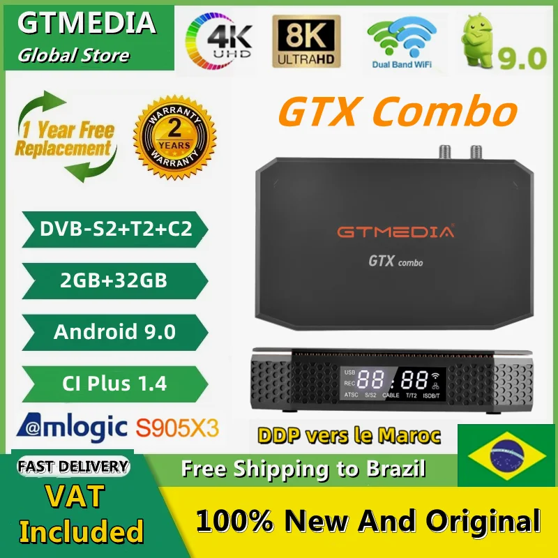 GTMEDIA GTX Combo TV Box 4K 8K Android 9.0+DVB-S2/T2/C2 2G+32G Support CA&CI Plus1.4, SATA-HDD, BT4.1 Satellite Receiver Decoder