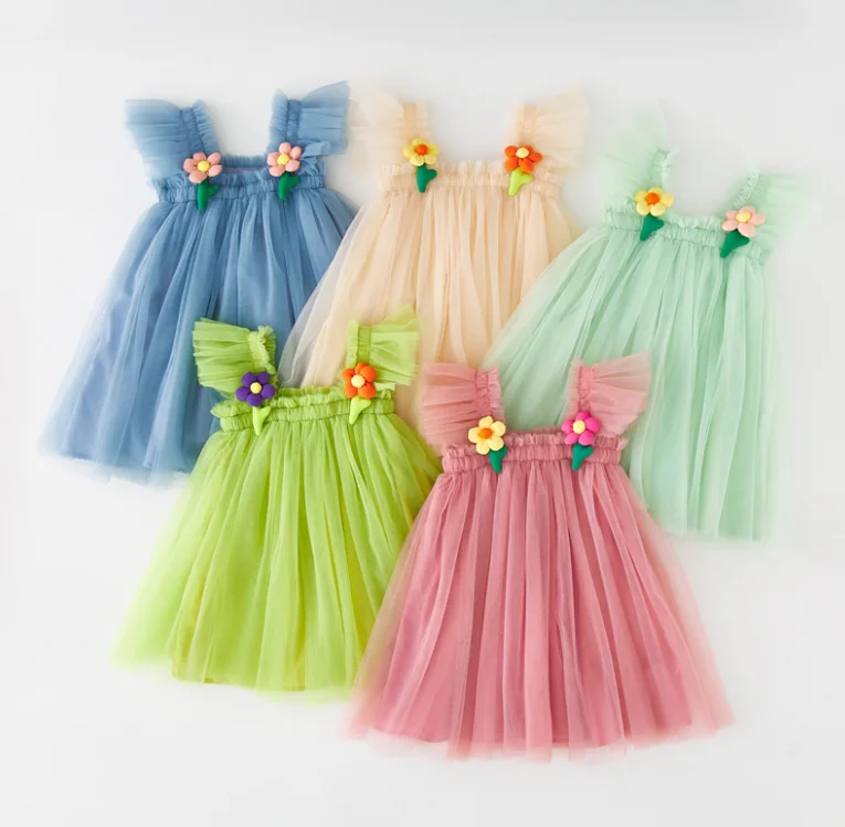 

6 шт./партия, летнее однотонное Сетчатое платье для маленьких девочек