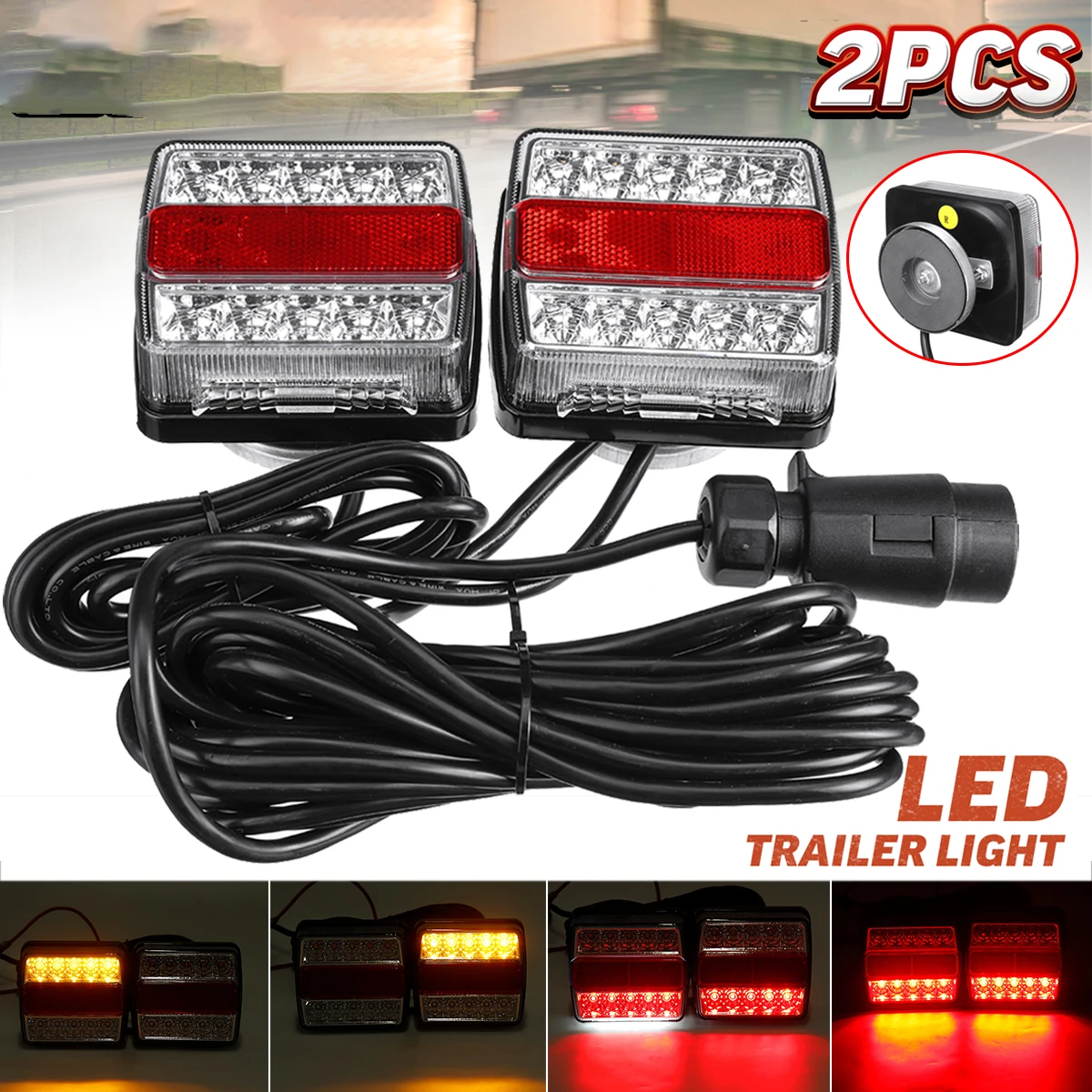 2Pcs Rear Towing Tail Lights 12V 10m 15 LED 7 Pin Trailer Light Kit Stop Indicator Lamp License Number Plate IP68 Waterproof