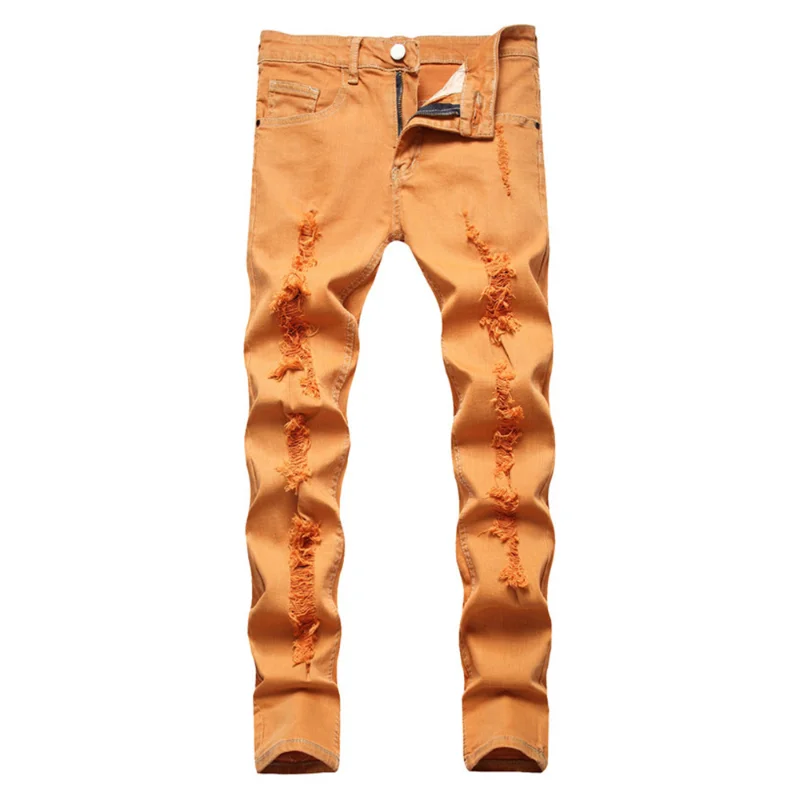 

Джинсы Y2K мужские стрейчевые, модные рваные брюки из денима с дырками, забавные цветные штаны со средней талией, оранжевые