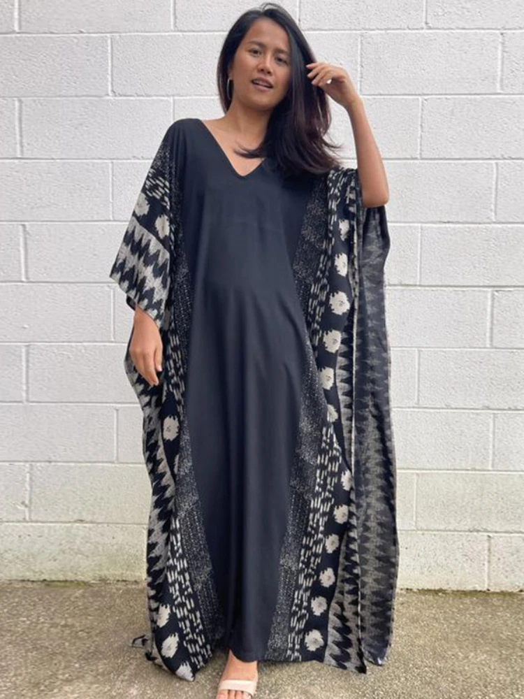 

FORERUN Beach Kaftan Vintage Printed Swimsuit Cover Up Women Bat Sleeve Maxi Dress Tunic Beachwear Robe Plage Femme