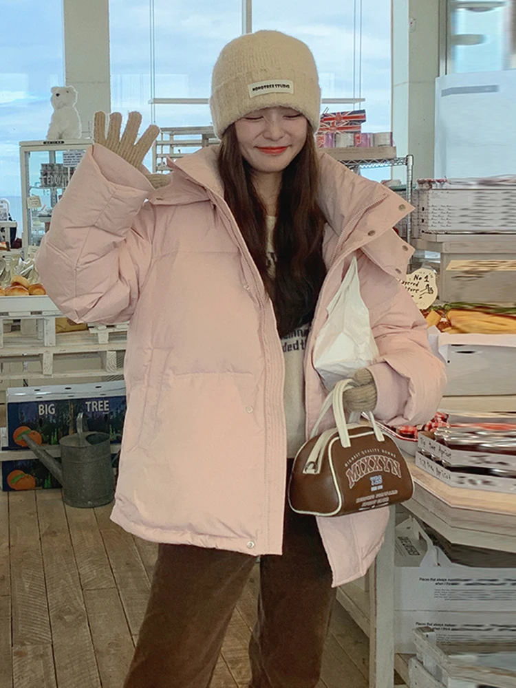 Женский короткий пуховик розовый в Корейском стиле свободный зимнее плотное