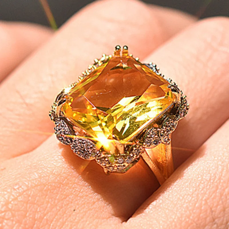 

Square Yellow Cyrstal Rings Engagement Ring Women Champagne Big Zircon Rings For Women Vintage Jewelry Gifts