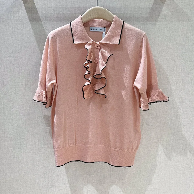 

Женская шерстяная кашемировая трикотажная рубашка-поло, модельная Повседневная офисная футболка с отложным воротником и коротким рукавом ...