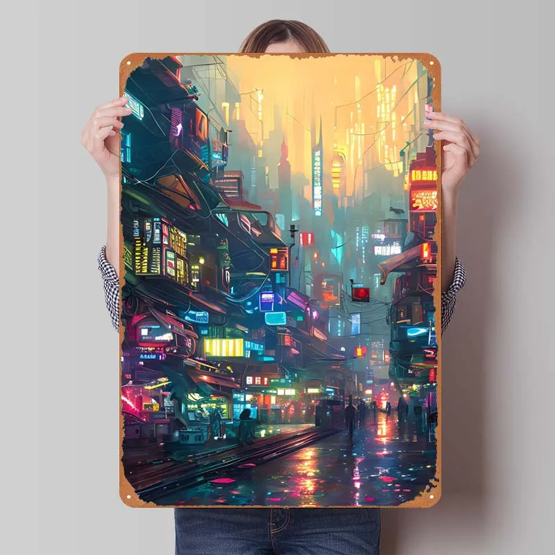 Киберпанк яркий город неоновая вывеска Ретро винтажная жесть настенное