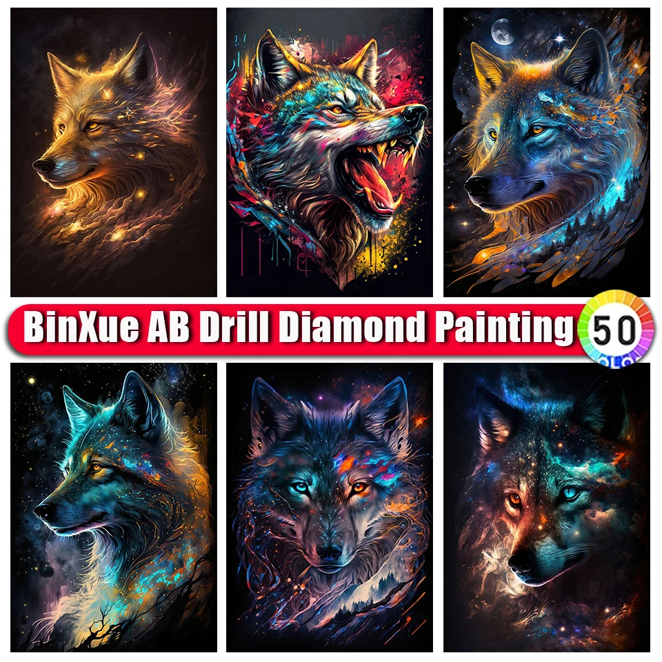 

BinXue Fantasy Aurora Moon AB Diamond Painting Kit Wolf Cross Stitch Animal Full Diamond Handmade DIY Diamond Mosaic Art Gift